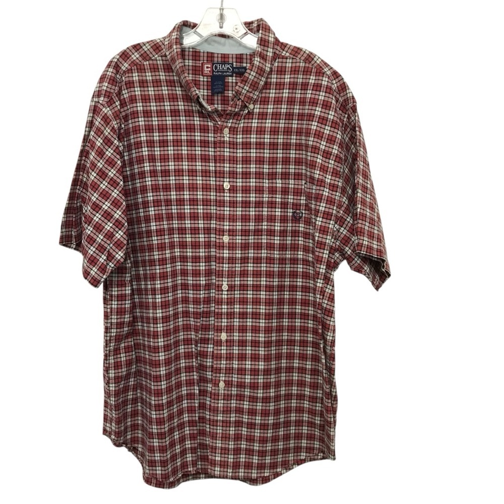 Chaps Ralph Lauren Red Blue Plaid Mens XXL Button Down Short Sleeve Shirt Logo